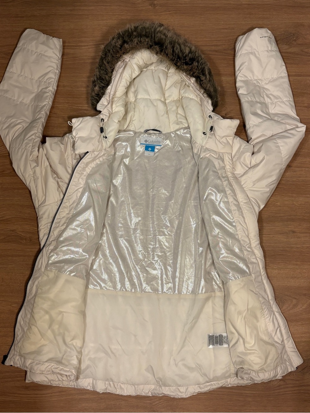 Columbia Women's Cream Quilted Hooded Puffer with Faux-Fur Trim